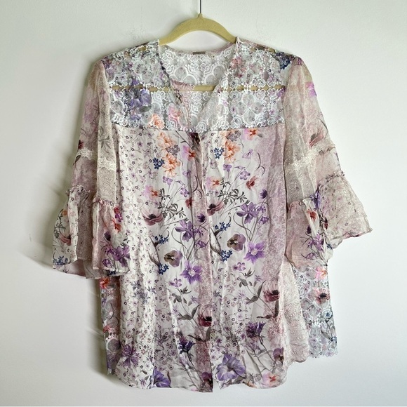Elie Tahari Floral 100% Silk Ethereal Floral Button Front Career Blouse Size M - Picture 3 of 8